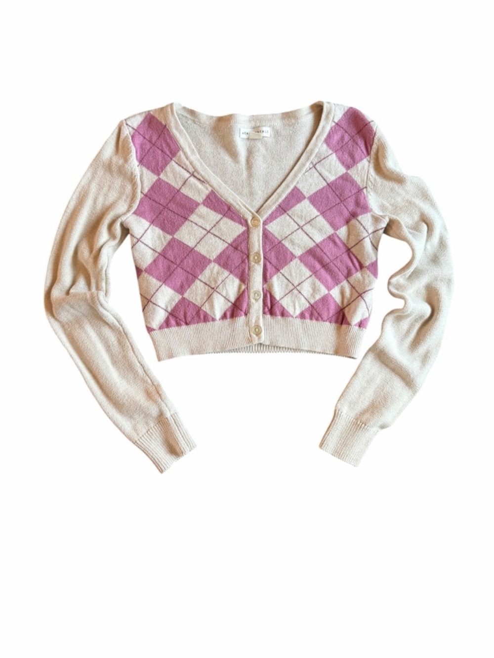 ✨ Aeropostale Y2K Cropped Argyle V-Neck Cardigan Sweater - Pink and Cream